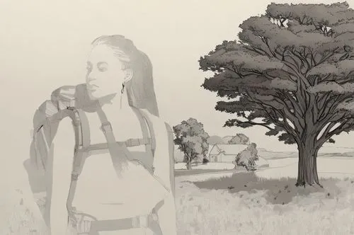 more of the landscape,girl with tree,the girl next to the tree,croft,sepia,camera illustration,in the tall grass,woman walking,girl with gun,in the field,girl on the dune,digital compositing,girl with