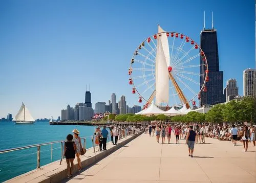 Chicago Navy Pier, architecture, Lake Michigan waterfront, summer afternoon, clear blue sky, warm sunlight, gentle lake breeze, sailboat tour, white sail, wooden dock, people walking, taking photos, s