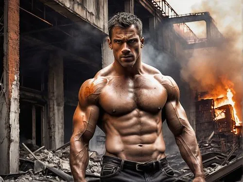 Burning, muscular man, shirtless, rugged skin, intense gaze, blazing inferno background, abandoned, industrial architecture, crumbling walls, steel beams, rusty pipes, broken windows, shattered concre