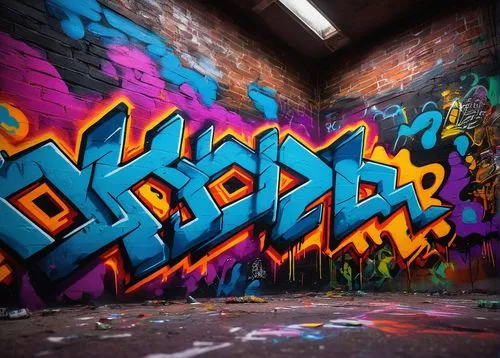 Urban graffiti generator, street art, vibrant colors, abstract shapes, 3D effects, neon lights, cityscape, nighttime, dark alleys, brick walls, concrete floors, spray paint cans, artistic hands, dynam