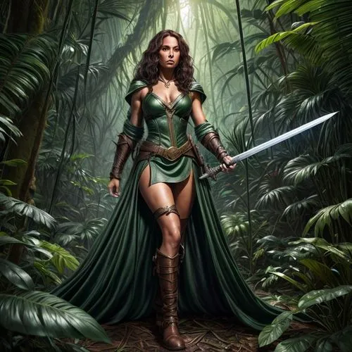 a drawing of a woman in the jungle with swords,kahlan,nissa,enchantress,amazona,the enchantress,inara,female warrior,dryad,sithara,arianrhod,themyscira,amazonian,warrior woman,yavana,eldena,fantasy wo