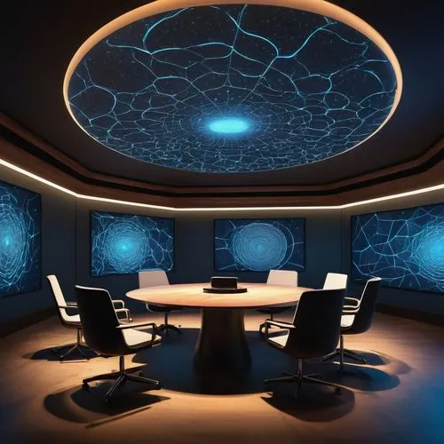 ufo interior,conference room,spaceship interior,board room,conference table,computer room,meeting room,boardroom,control desk,holodeck,background design,3d background,consulting room,blur office background,roundtable,sky space concept,cinema 4d,fractal environment,boardrooms,3d render,Illustration,Retro,Retro 17