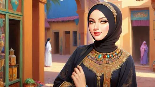 Romantic masterpiece oil painting, beautiful girl portrait, abaya dress, nostalgic 1950's style kitsch, breathtaking beautiful landscape, majestic scenery, Persian Middle Eastern bazaar, Arabian deser