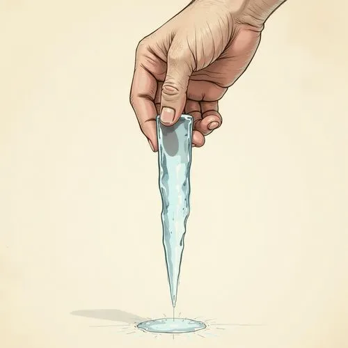 In the center of the bottom row, a hand holds a clear, tapered shard of ice, pointing downwards.,an old picture of a hand about to drop water,ice pick,icicle,a drop of water,ice crystal,ice popsicle,a