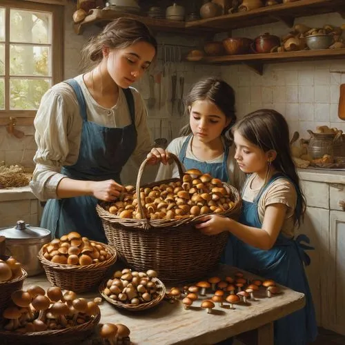 basketmakers,profiteroles,heatherley,pralines,breadmaking,girl with bread-and-butter,Illustration,Realistic Fantasy,Realistic Fantasy 28