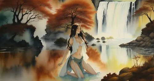 beautiful lady swimming, long hair , white vest in the water, wide view with waterfalls and green forest abanding,a painting of a woman standing by a waterfall,water fall,waterfall,fantasy picture,tua