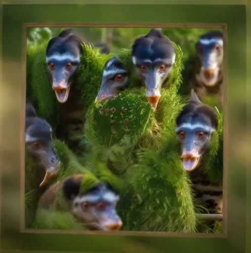 A group of captive animals emerges from the lush greenery of an open field, their legs and beaks snaking at the twists and turns. The animals carry long, slender legs and sturdy cages, its eyes scanni