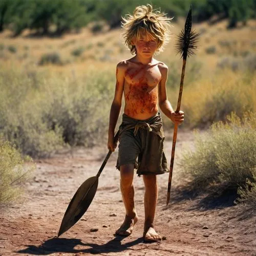 Shirtless sunburn barefoot filthy dirty angry young boy in the wild holding a spear with messy hair covered in sweat dirt and scars in bright sunshine in blazing heatwave sneaking around hunting in th