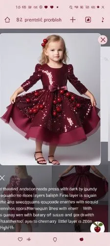 3d drawing of sequin satin dress with dark burgundy very little cherries with three layers kalosh 
First layer is sequin pink with  dark sequins burgundy little cherries with sequin branches of cherri