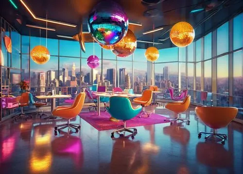 colorful balloons,blur office background,colorful city,neon cocktails,colorful light,sky apartment,colored lights,3d render,modern office,colorful glass,glass balls,fantasy city,lensball,3d background,neon coffee,offices,ufo interior,conference room,boardroom,creative office,Illustration,Realistic Fantasy,Realistic Fantasy 38