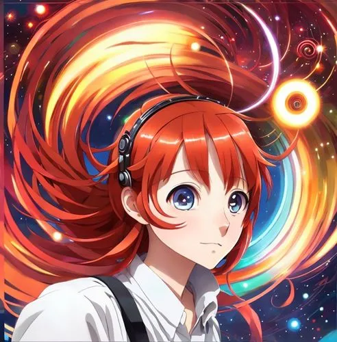 Woman. Big eyes. Red hair. Playing Spiral Keyboard. Full Color. Sophisticated, intricate, complex. ,umiuchiwa,life stage icon,hinata,spiral background,celestial event,astronomical,asuka langley soryu,