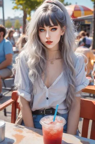 girl in overalls,retro girl,lemonsoda,retro woman,daiquiri,vintage girl,pale,denim background,iced tea,retro diner,italian soda,lemonade,vintage angel,sangria,strawberry drink,malibu,soda fountain,bubble tea,margarita,mai tai,Photography,Realistic