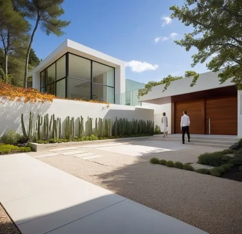 DISEÑO ESTERIOR DEL ACCESO A UNA RESIDENCIA, CON UN PORTON METALICO EN INMITACIÓN MADERA, CON PLANTAS DE FORMIO EN EL ACCESO, ARBOLES Y VEGETACIÓN EXUBERANTE,a home with a couple standing outside of i