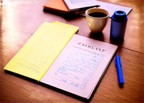 Checklist, to-do list, paper sheet, yellow highlighter, blue pen, scribbled notes, crumpled corner, coffee stain, wooden desk, morning sunlight, shallow depth of field, warm color tone, 3/4 compositio