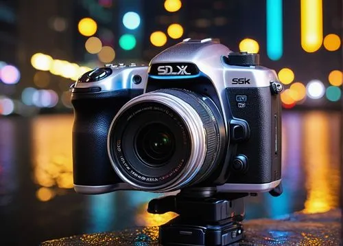 SDXL, digital camera, futuristic design, metallic body, LED lights, touchscreen LCD, adjustable flash, ergonomic grip, silver and black color scheme, rotating lens, optical zoom, high-angle shot, urba