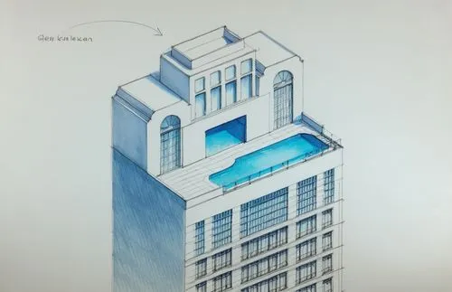 Architectural sketch. please make a pencil sketchy architectural drawing for this building roof. showing a pool. sketch some people. add notes.,NYC Hotel,high-rise building,skyscraper,high rise buildi