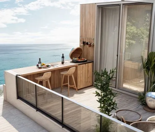 small balcony with an outdoor kitchen, a suspended wooden worktop, an integrated barbecue, a ceramic stoneware terrace, with planters,ocean view,block balcony,window with sea view,dunes house,roof ter