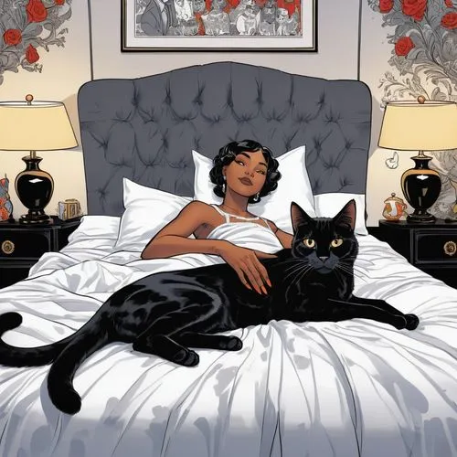 selina,blacksad,tchalla,cassaday,catwoman,black cat,black couple,chaykin,mcginnis,thandie,mckelvie,woman on bed,bagheera,nebria,dargaud,cat mom,mcniven,pyewacket,black women,chomet,Illustration,American Style,American Style 13