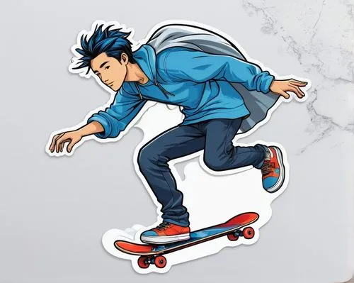 a skateboard dancer with a silver cape and a blue shirt rides down a mountain road, carrying a skateboard prop in his hand. The scene is set against a stunning white background, promoting the unique b