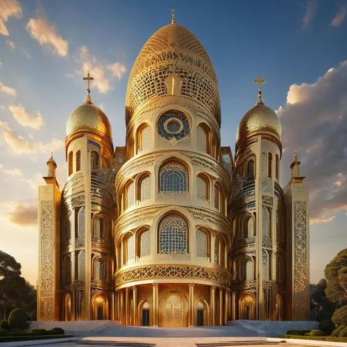 Modern architectural masterpiece, grandiose structure symbolizing immortality, timelessness, intertwined with symbols of faith, elements repeating in cycles, futuristic accents blending with ancient d