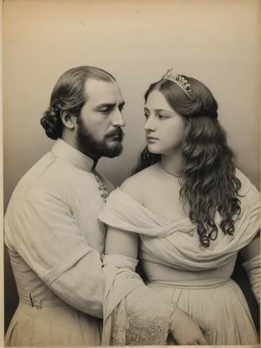 Full-length black and white portrait of Their Majesties King Karl I and Queen Olga of Württemberg.,a couple dressed in fancy clothing standing next to each other,armenians,dossi,young couple,romanovs,