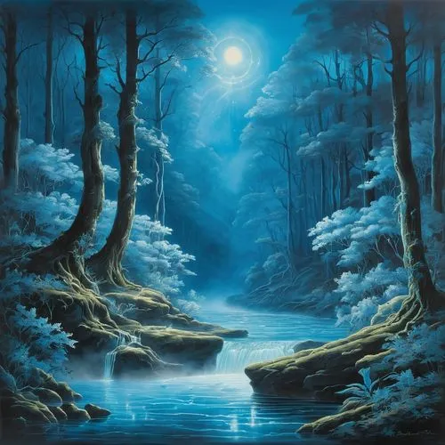 forest landscape,winter forest,fantasy picture,forest background,blue moon,winter landscape,moonlit night,fantasy landscape,blue painting,elfland,landscape background,snow landscape,icewind,enchanted forest,winter background,fantasy art,ice landscape,winter night,moonsorrow,forest of dreams,Art,Classical Oil Painting,Classical Oil Painting 02