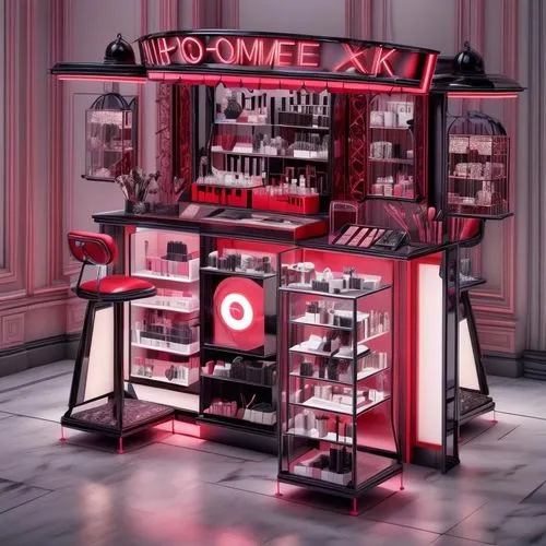 cosmetics counter,soda fountain,coke machine,cosmetics,soda machine,women's cosmetics,candy shop,coin drop machine,kiosk,oil cosmetic,jukebox,candy store,soda shop,perfumes,product display,espresso machine,pharmacy,vending machine,candy bar,store