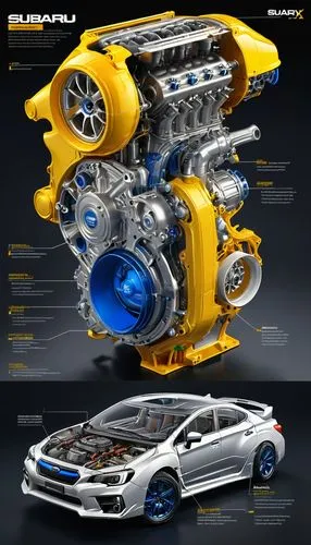 an industrial design sketch of a beautiful Subaru Impreza WRX engine (construction plan),  alien advanced concept model, futuristic style with all the data related to its construction, very detailed, 