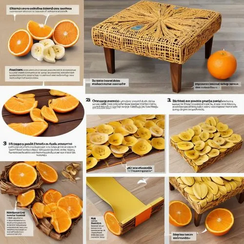 Utilize dried and treated orange peels to create a sturdy ottoman frame, then weave strips of banana peel or coconut husk for a natural and eco-friendly seating surface.,pieces of orange,citrus fruits