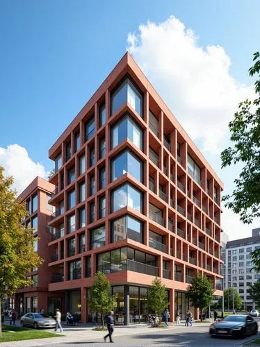 cinematic photo Modern office park architecture,Contemporary business park,Office park facade style,university,campus,red brick facade,glass windows,rectangular shape,steel structure,students walking,