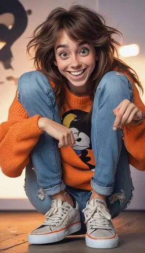 Goofy, Ahh, facial close-up, funny expression, big eyes, silly smile, messy brown hair, casual wear, orange sweater, ripped jeans, sneakers, leaning forward, hands clasped together, excited pose, brig