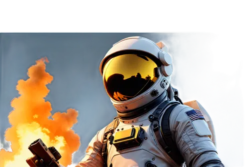 Rocket, launch pad, smoke and flames, metallic body, cockpit windows, astronauts inside, helmets on, bright orange and yellow colors, dramatic spotlight, low-angle composition, intense shadows, 3D ren