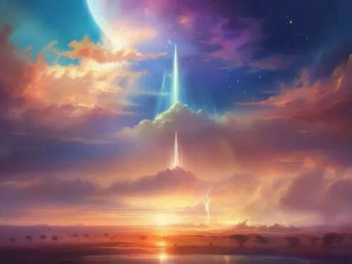 space art,futuristic landscape,fantasy landscape,rocket launch,sky space concept,beacon,launch,earth rise,horizon,cg artwork,the pillar of light,skyflower,sky,the horizon,world digital painting,celest