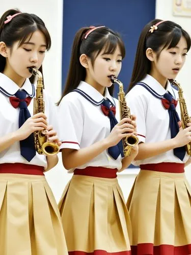 Japanese schoolgirls making music.,three s with their instruments playing music,euphoniums,euphonium,oboists,oboes,serenaders,flautists