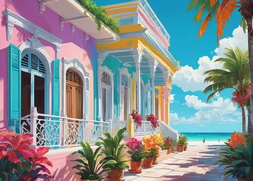 Bahamian architecture, colonial-style buildings, pastel-colored walls, white wooden shutters, steeply pitched roofs, ornate balconies, decorative ironwork, tropical plants, palm trees, vibrant flowers