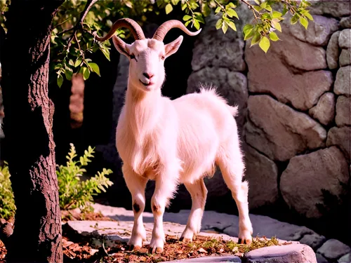 White goat, fluffy fur, curved horns, gentle eyes, soft pink nose, standing on hind legs, eating leaves from tree branch, white beard, rough stone background, warm sunlight, 3/4 composition, shallow d