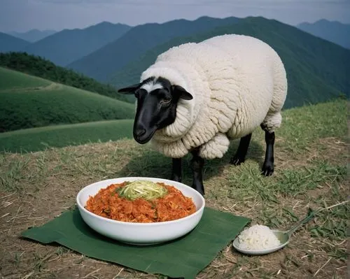 A sheep is eating kimchi rice,ugali,cameroon sheep,buuz,goulash,orzo,lamb meat,beef goulash,eritrean cuisine,nepalese cuisine,eastern food,dwarf sheep,wool sheep,ribollita,tibetan food,bigos,east-euro