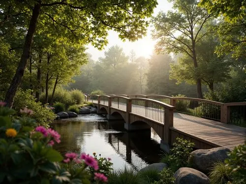 wooden bridge,scenic bridge,spreewald,creekside,greenville,towpath,hanging bridge,flowery branch,tranquility,spring morning,idyllic,nature wallpaper,metroparks,streamside,metropark,montreat,morning light,manotick,naperville,morning mist