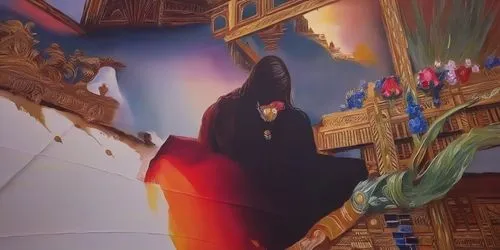 aladdin,baron munchausen,archimandrite,dali,church painting,theater curtain,el salvador dali,flying carpet,stage curtain,3d crow,universal exhibition of paris,the carnival of venice,meticulous paintin