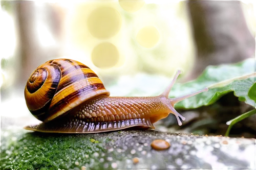 Snail, shell with spiral pattern, brown and yellow stripes, slimy trail, antennae, big eyes, slow movement, leafy green background, shallow depth of field, soft focus, warm lighting, 3/4 composition, 