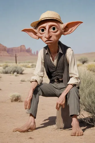 Happy Mexican Dobby, with his happy smiley expression and loyal demeanor, would approach a ranchero style with a humble yet endearing simplicity. He might wear a plain cotton shirt in earthy tones, pa