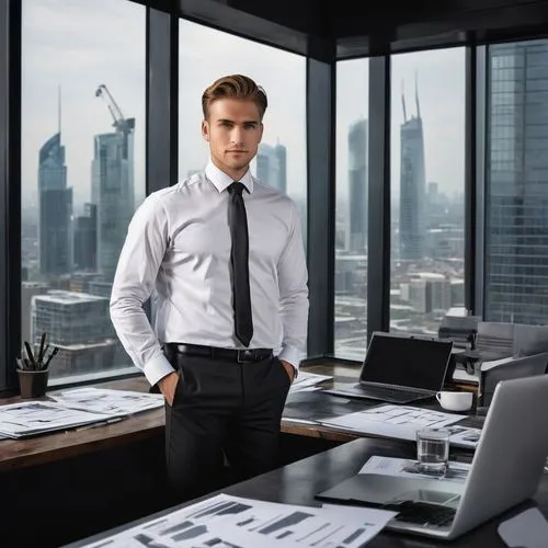 Data architecture, management designer, standing, confident pose, arms crossed, white shirt, black tie, formal pants, leather shoes, modern office background, cityscape view from window, skyscraper, c