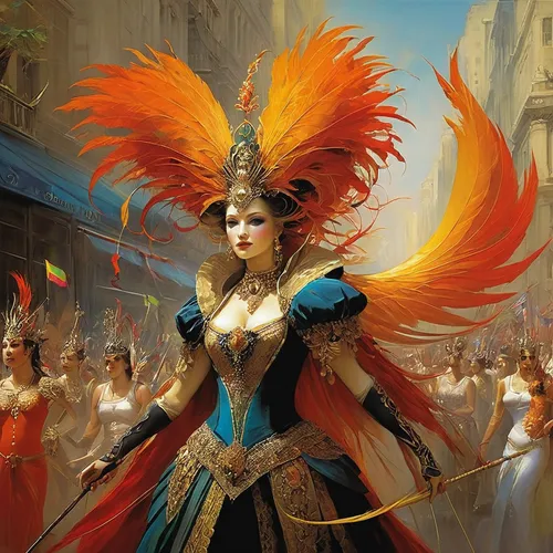 brazil carnival,sinulog dancer,ancient parade,the carnival of venice,baroque angel,masquerade,maracatu,garuda,fire dancer,fire angel,cockerel,parade,the festival of colors,torch-bearer,carnival,firedancer,samba,fête,fire artist,majorette (dancer),Illustration,Realistic Fantasy,Realistic Fantasy 16