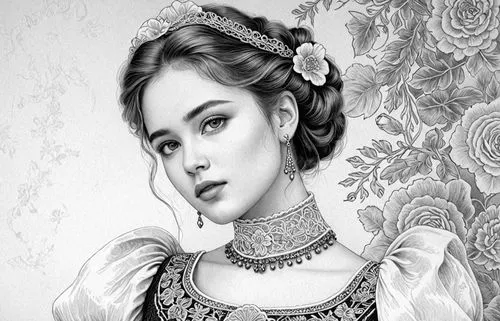 A highly detailed portrait of a young woman with an almost lifelike appearance, her head tilted slightly, with soft, contemplative eyes gazing indirectly at the viewer. She is adorned in an ornate, go