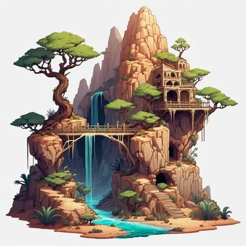 island suspended,floating island,mushroom island,chasm,cliffside,a small waterfall,Illustration,Abstract Fantasy,Abstract Fantasy 11