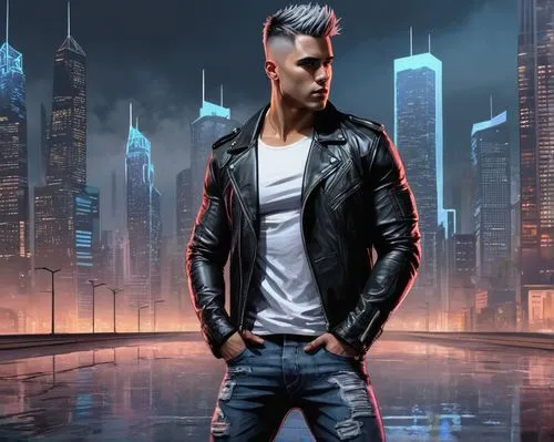 Muscular man, Gort, strong facial features, short spiky hair, intense gaze, scar above left eyebrow, black leather jacket, white tank top, ripped blue jeans, heavy combat boots, standing, heroic pose,