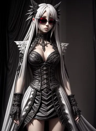 Emo goth girl wearing sunglasses, (Black and white, intricate details, a woman with an intricate design, 3DCGI anime fantasy artwork, necro, detailed patterned skin, abstract fragments, impressive eye