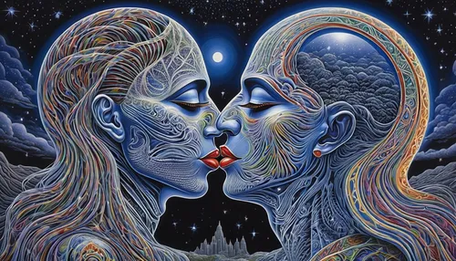 mother kiss,mirror of souls,two people,gemini,psychedelic art,man and woman,girl kiss,lovers,whispering,kissing,duality,amorous,kiss,first kiss,making out,dispute,couple - relationship,into each other,boy kisses girl,couple in love,Illustration,Abstract Fantasy,Abstract Fantasy 21