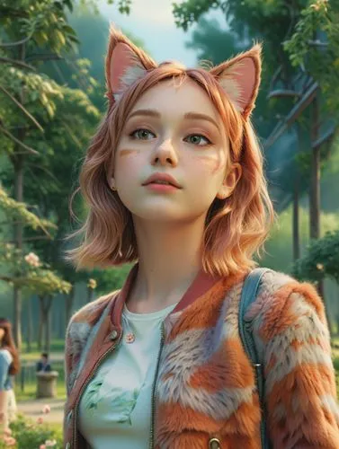 a girl with a cat ears stands in a park next to a man,an animated character with long red hair and a cat head,kittani,red tabby,arrietty,mae,cate,felidae,Photography,Documentary Photography,Documentar