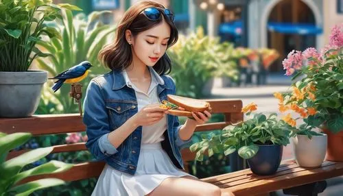 woman eating apple,feeding birds,feeding the birds,flower and bird illustration,bird feeding,woman holding a smartphone,tropical birds,girl picking flowers,garden birds,beautiful girl with flowers,bird painting,woman with ice-cream,girl with bread-and-butter,tropical bird,bird park,birds love,flower painting,garden bird,woman holding pie,edible parrots,Illustration,Realistic Fantasy,Realistic Fantasy 39